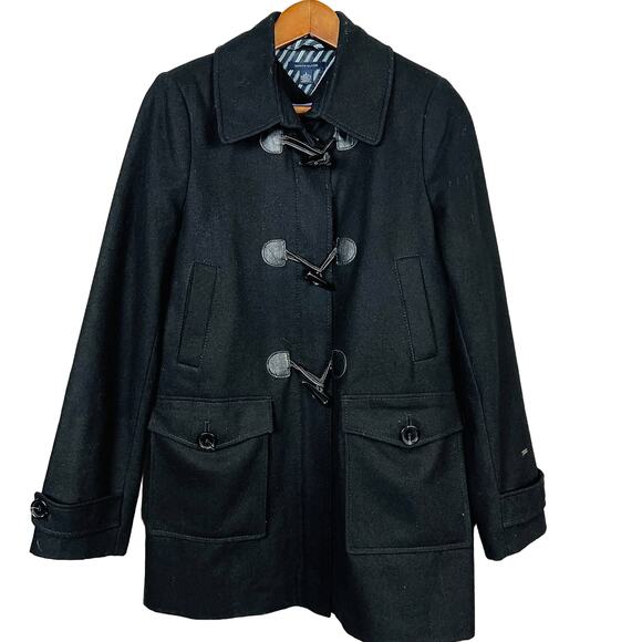 Tommy Hilfiger Lined Pea Coat Tooth & Hook CLosure Black - 8 - Picture 1 of 5